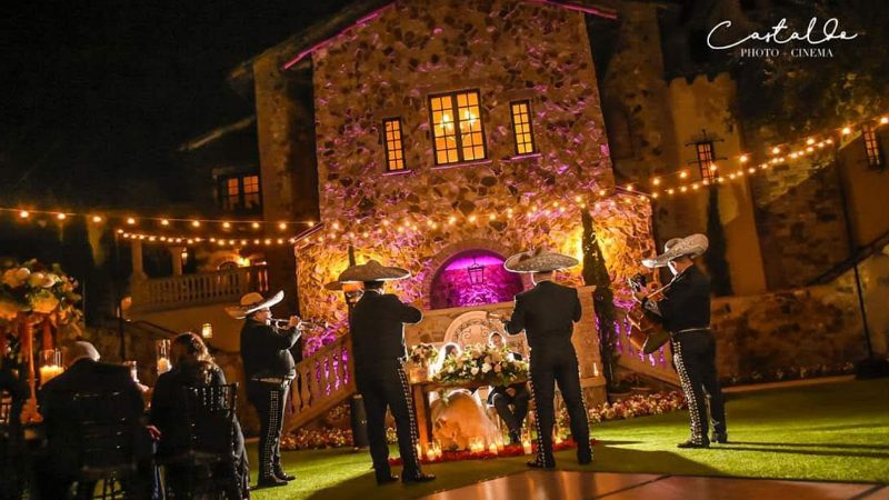 Market Lights at an outdoor wedding with a band
